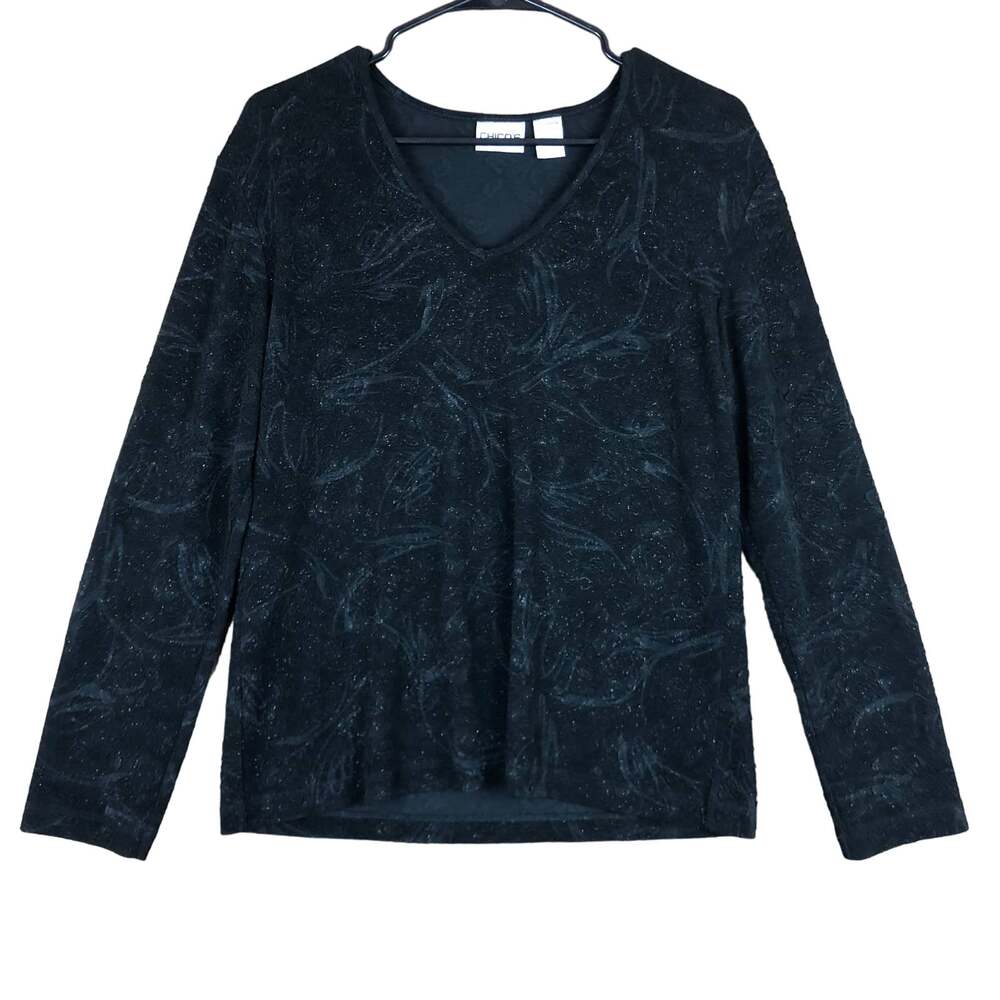 Chicos Womens Blouse Black V Neck Jacquard Damask Floral Stretch 2 (L)